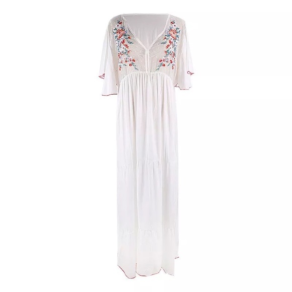 White Cleo Cotton Boho Maxi Dress W/Side Slits Hand Embroidered Stitch Coverup - Picture 9 of 9